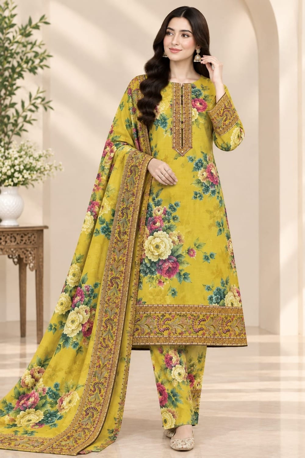Meerak Embroidered Stiched 3 Pc With Pashmina Shawl And Farshi Shalwar