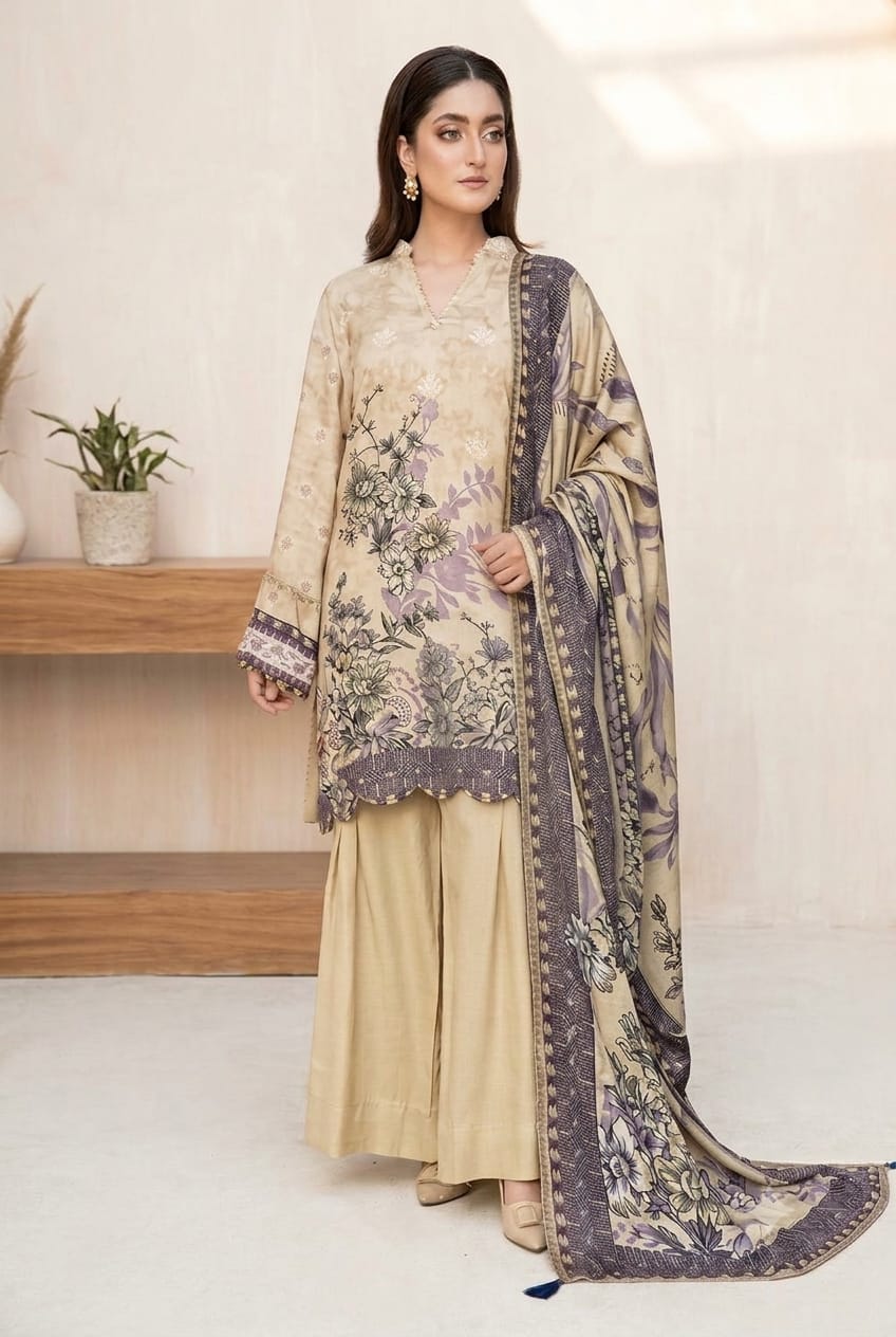Parisa By Wania Peach Print Shirt ,Double Side Peach Print Shawl With Trouser, Unstitched 3pc