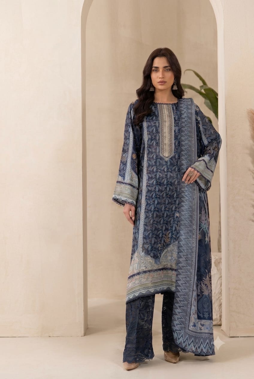 Parisa By Wania Peach Print Shirt ,Double Side Peach Print Shawl With Trouser, Unstitched 3pc