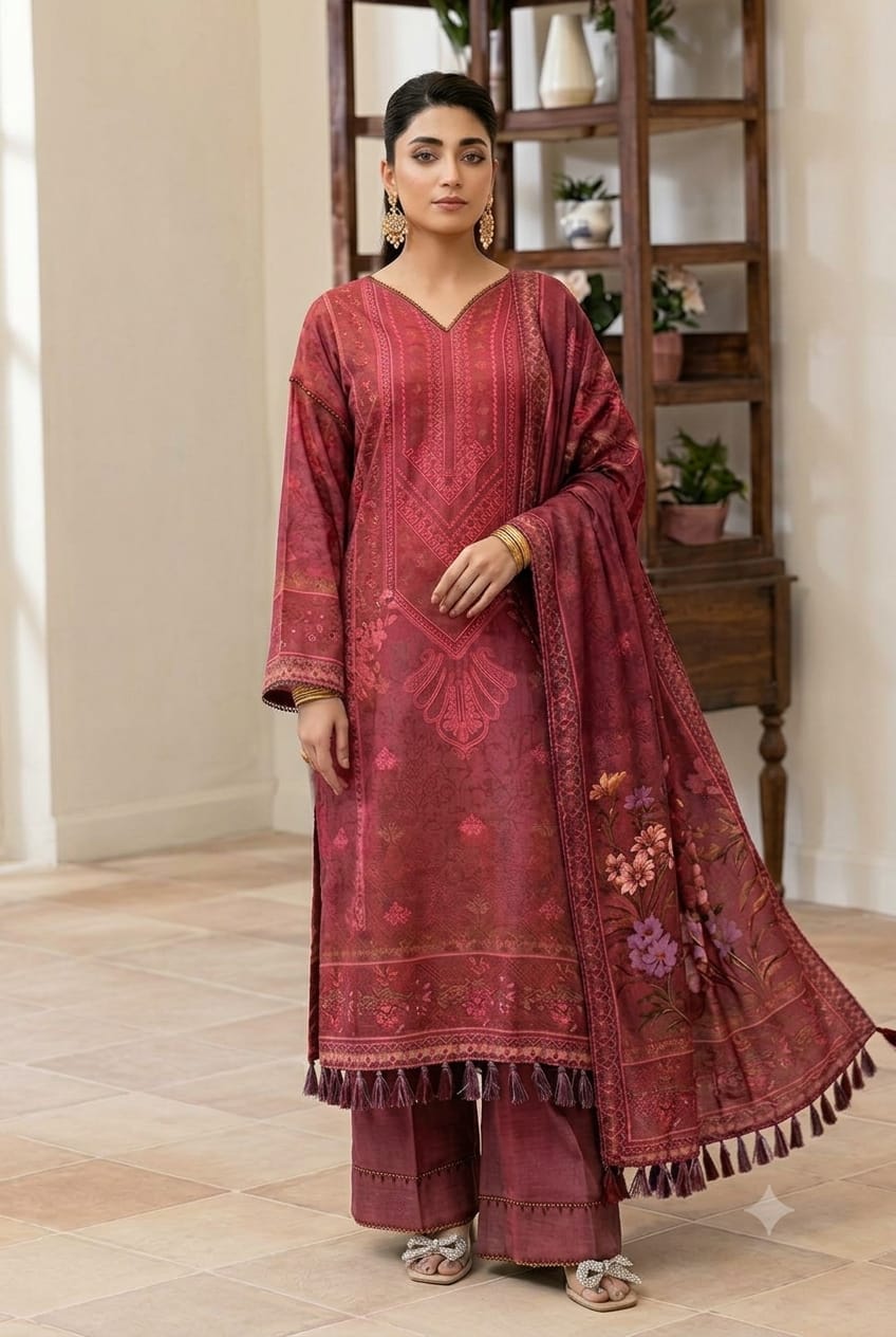 Parisa By Wania Peach Print Shirt ,Double Side Peach Print Shawl With Trouser, Unstitched 3pc