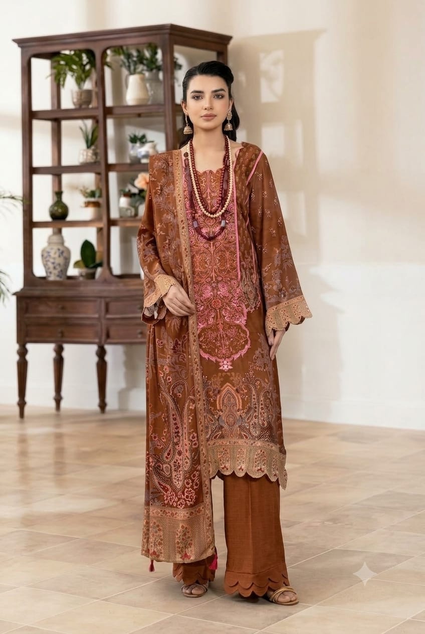 Parisa By Wania Peach Print Shirt ,Double Side Peach Print Shawl With Trouser, Unstitched 3pc