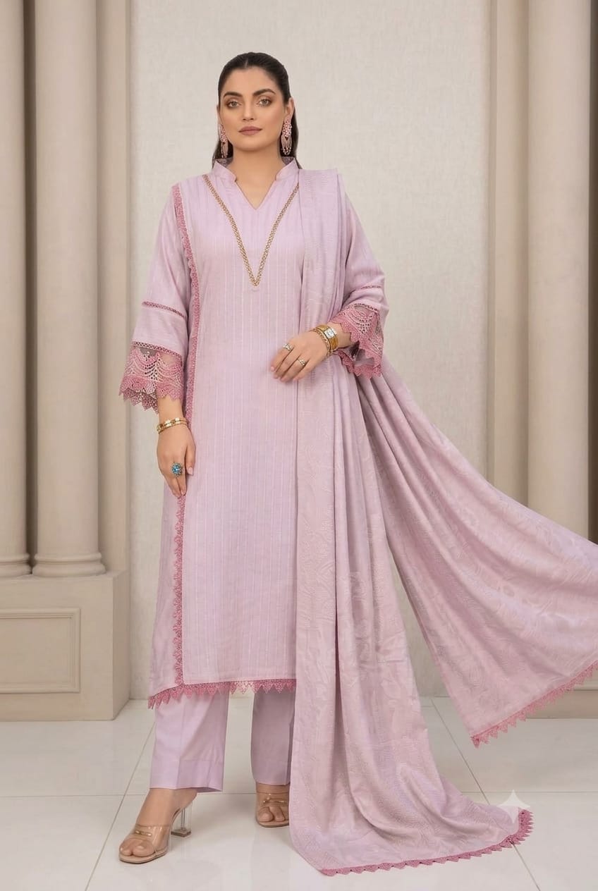 Arzoo By Wania Peach Self Jacquard Shirt ,Wool Palachi Shawl With Trouser, Unstitched 3Pc