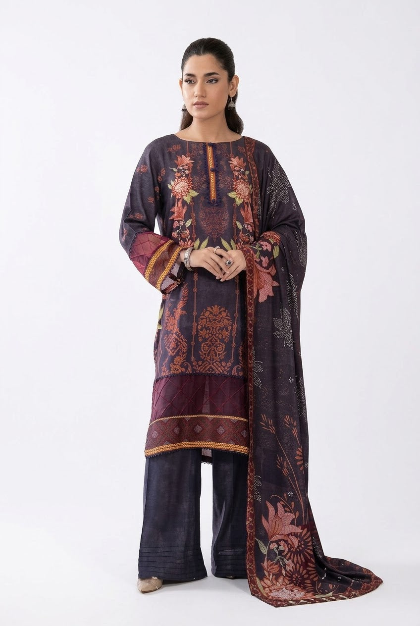 Parisa By Wania Peach Print Shirt ,Double Side Peach Print Shawl With Trouser, Unstitched 3pc