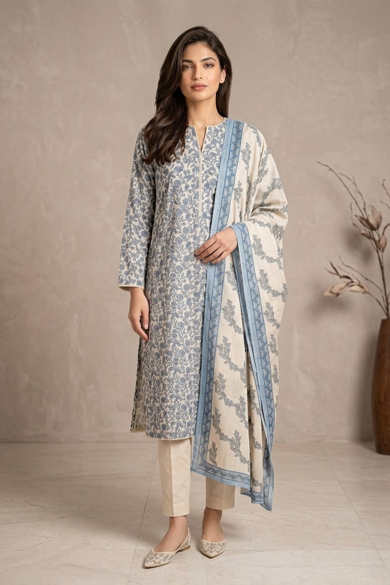 Al Karam Unstitched Printed Cambric Lawn 3pc