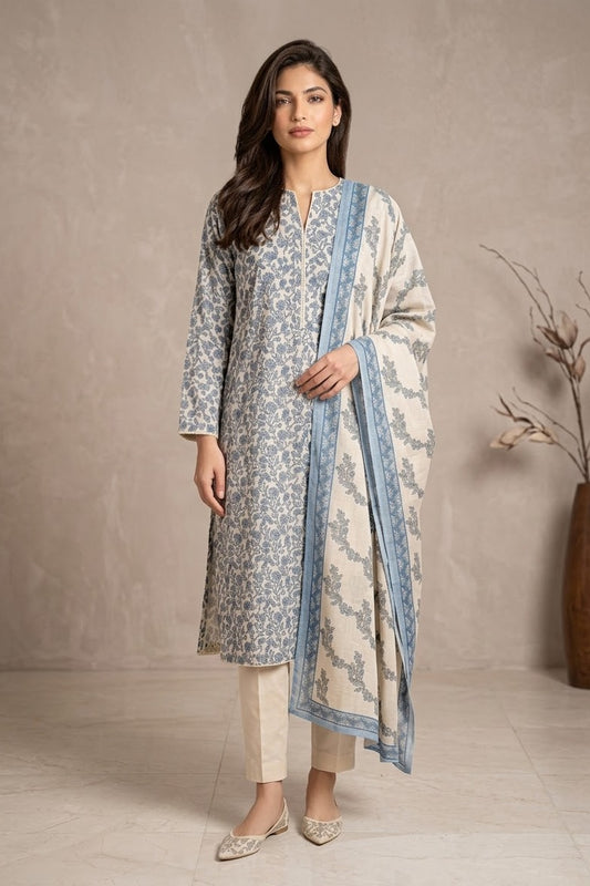 Al Karam Unstitched Printed Cambric Lawn 3pc