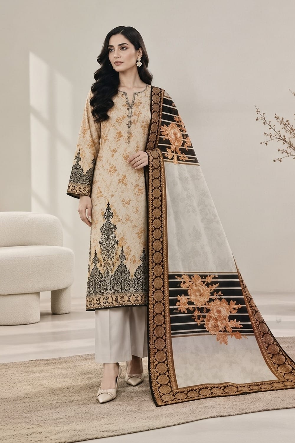 Maneeha Unstitched Printed Linen 3 Pc
