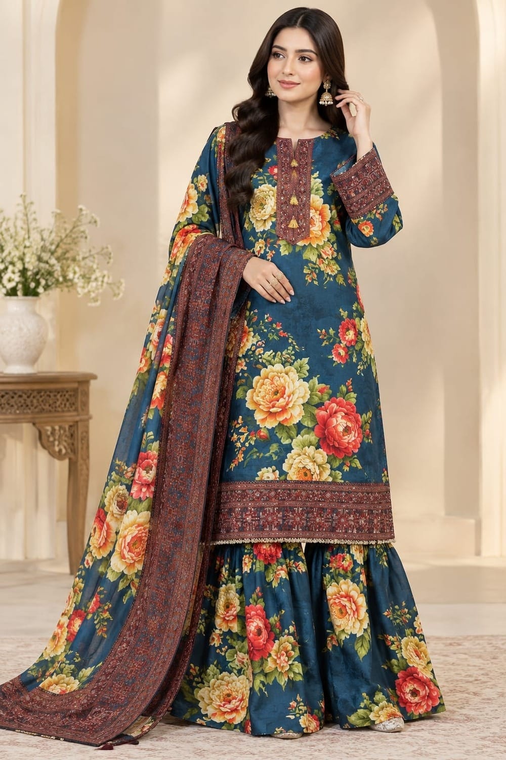 Meerak Embroidered Stiched 3 Pc With Pashmina Shawl And Farshi Shalwar