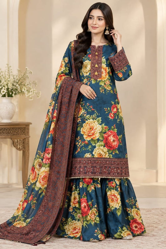 Meerak Embroidered Stiched 3 Pc With Pashmina Shawl And Farshi Shalwar