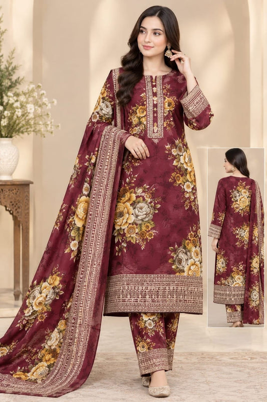 Meerak Embroidered Stiched 3 Pc With Pashmina Shawl