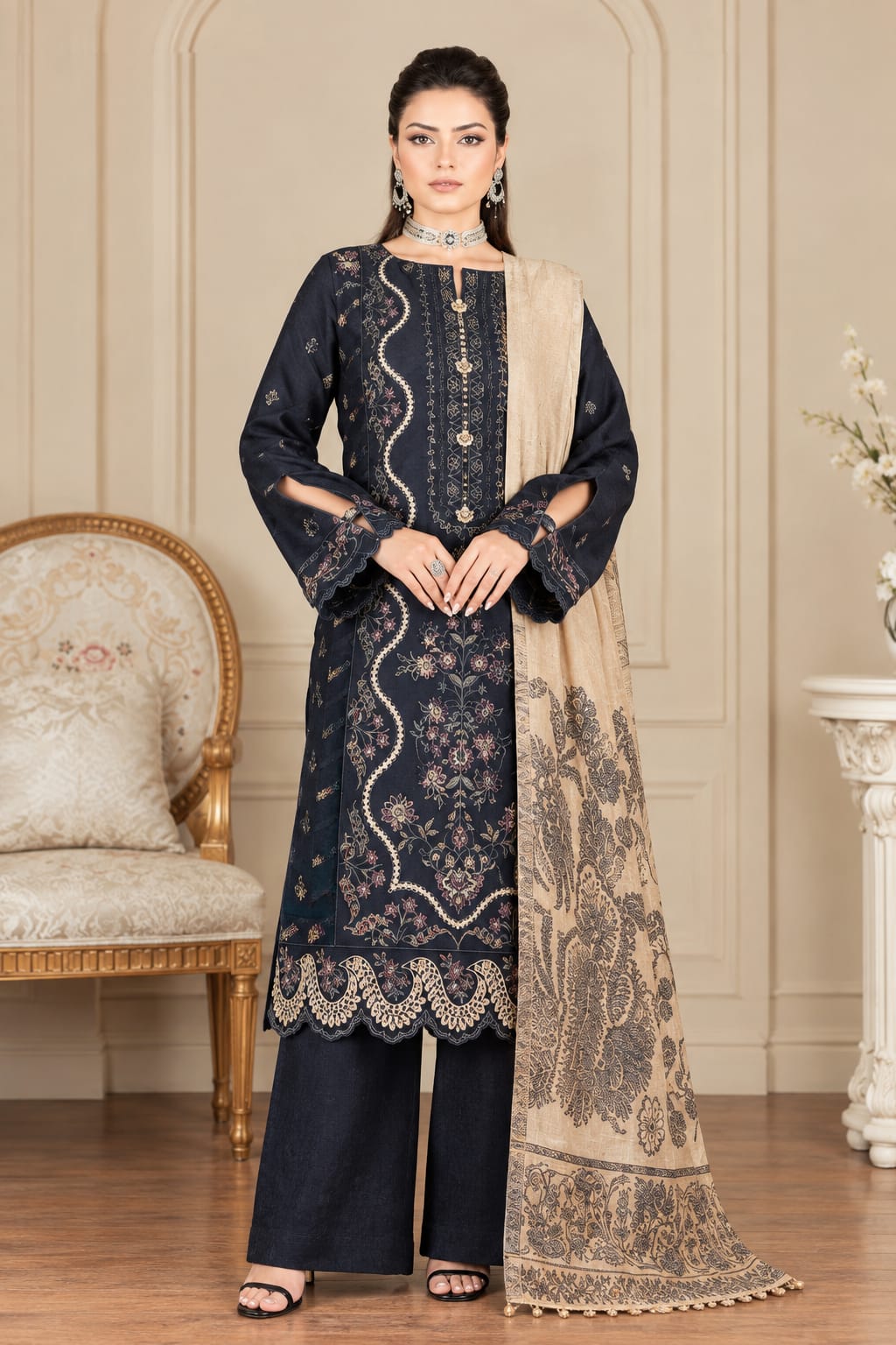 Muskan By Wania Peach Zari Embroidered With Wool Palachi Shawl 3Pc