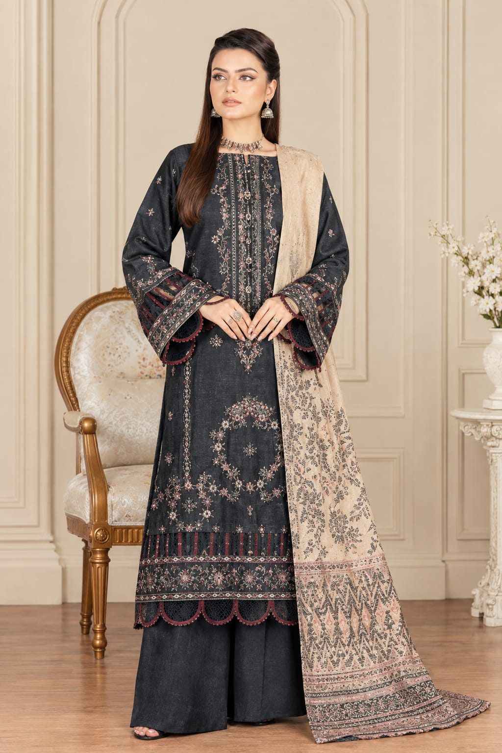 Muskan By Wania Peach Zari Embroidered With Wool Palachi Shawl 3Pc
