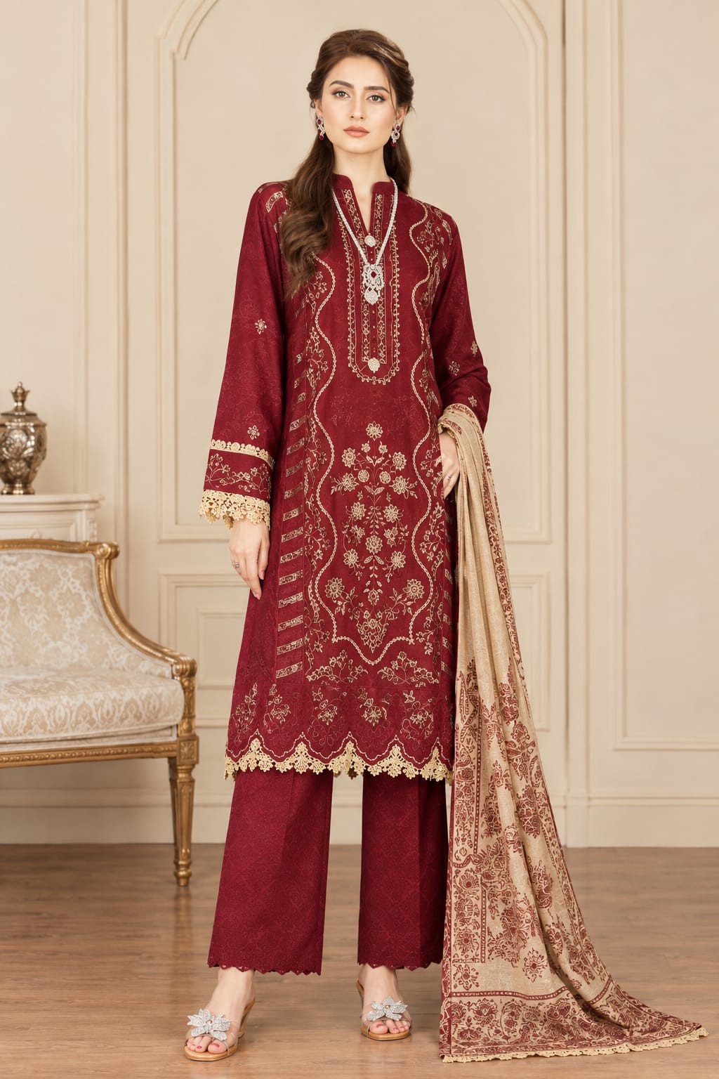 Muskan By Wania Peach Zari Embroidered With Wool Palachi Shawl 3Pc