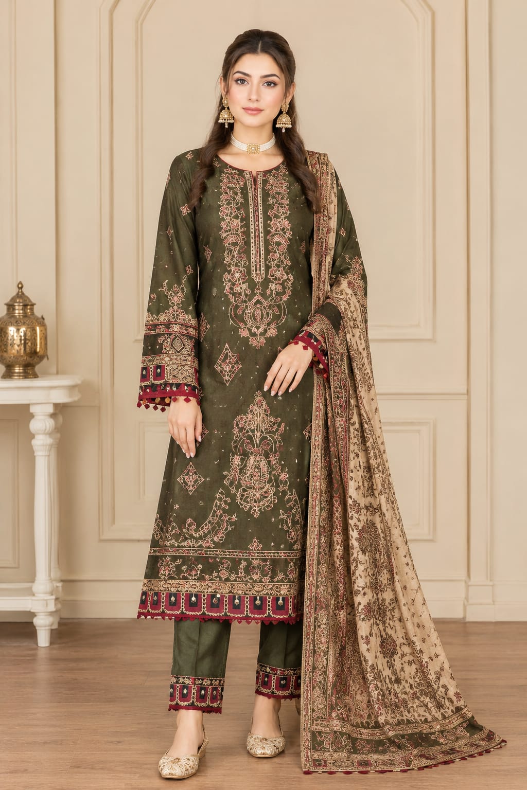 Muskan By Wania Peach Zari Embroidered With Wool Palachi Shawl 3Pc