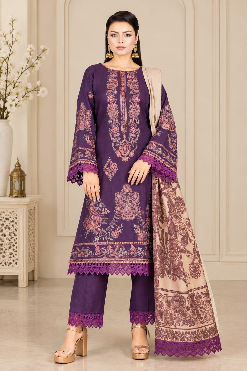 Muskan By Wania Peach Zari Embroidered With Wool Palachi Shawl 3Pc