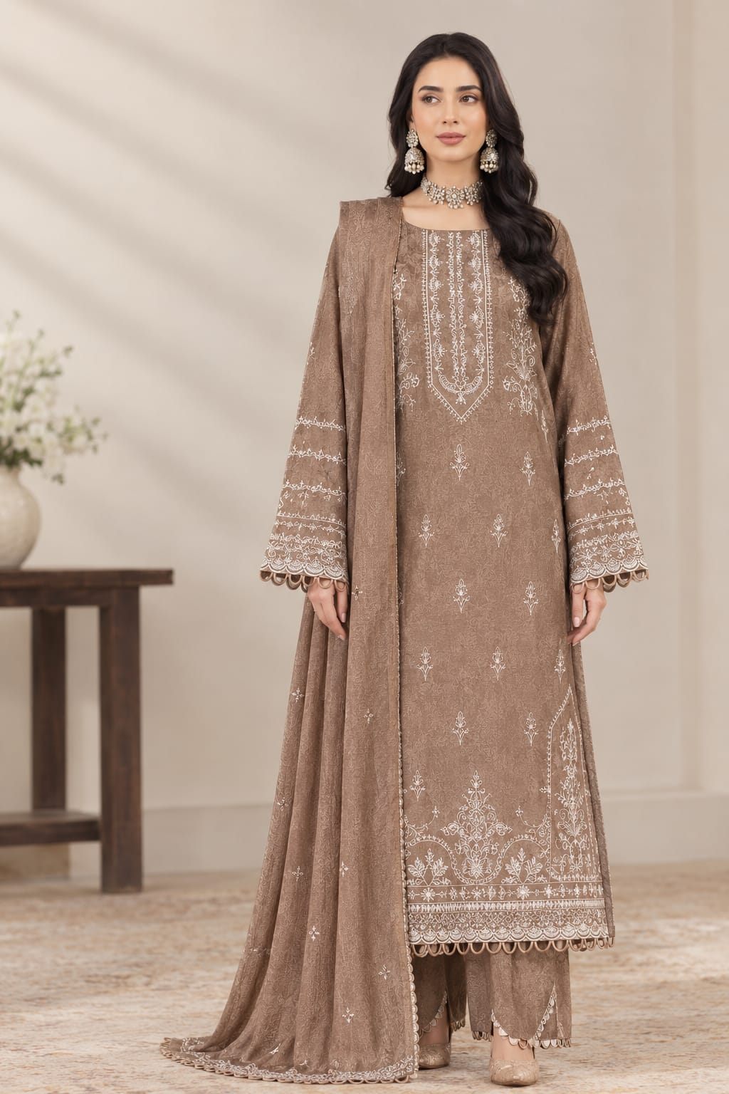 Falak By Wania Vol 1 Self Embroidered With Palachi Shawl 3Pc