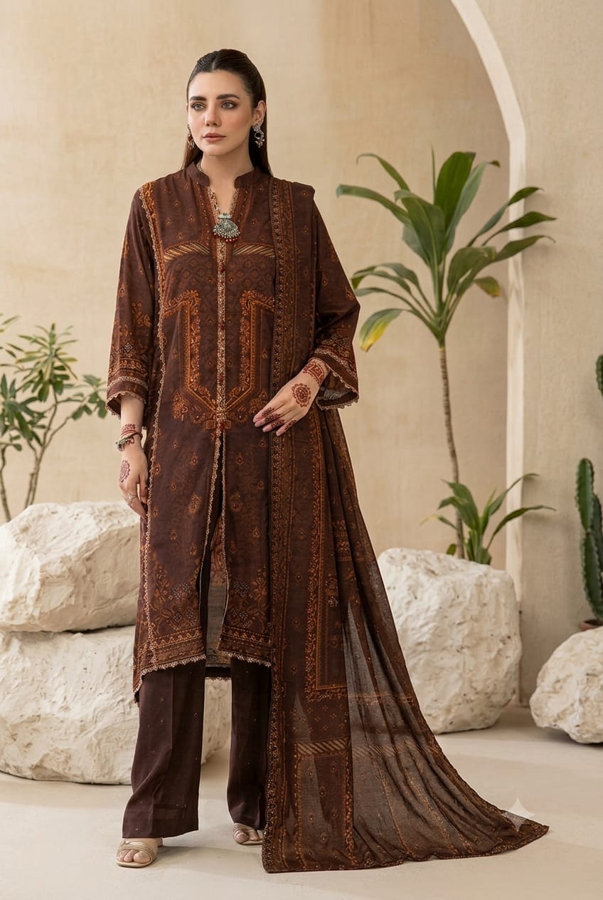 Parisa By Wania Peach Print Shirt ,Double Side Peach Print Shawl With Trouser, Unstitched 3pc