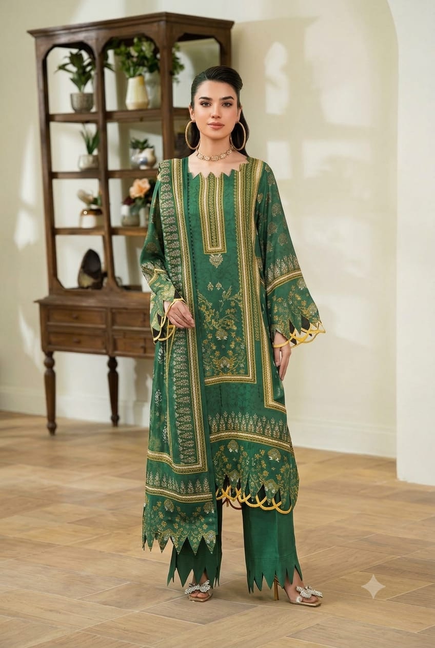 Parisa By Wania Peach Print Shirt ,Double Side Peach Print Shawl With Trouser, Unstitched 3pc
