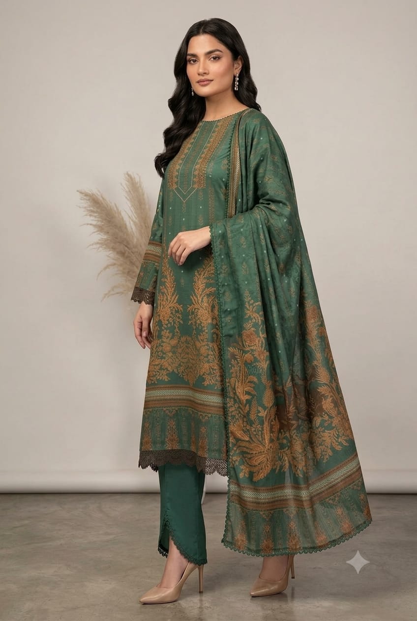 Parisa By Wania Peach Print Shirt ,Double Side Peach Print Shawl With Trouser, Unstitched 3pc