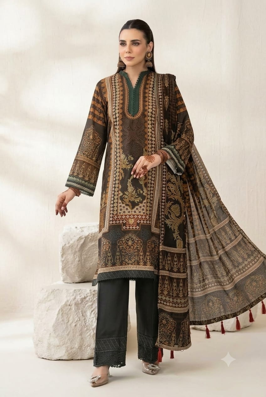 Parisa By Wania Peach Print Shirt ,Double Side Peach Print Shawl With Trouser, Unstitched 3pc