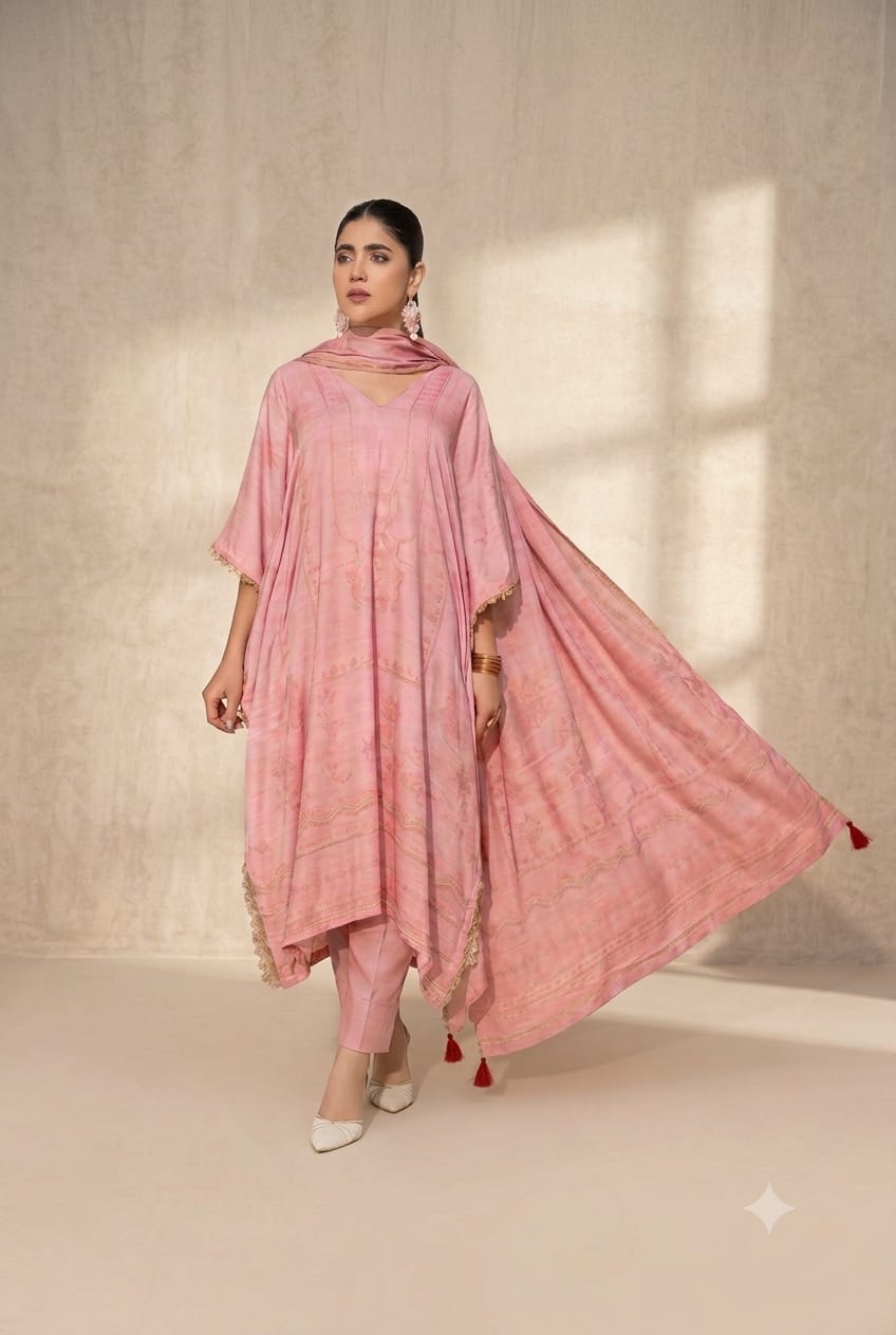 Parisa By Wania Peach Print Shirt ,Double Side Peach Print Shawl With Trouser, Unstitched 3pc