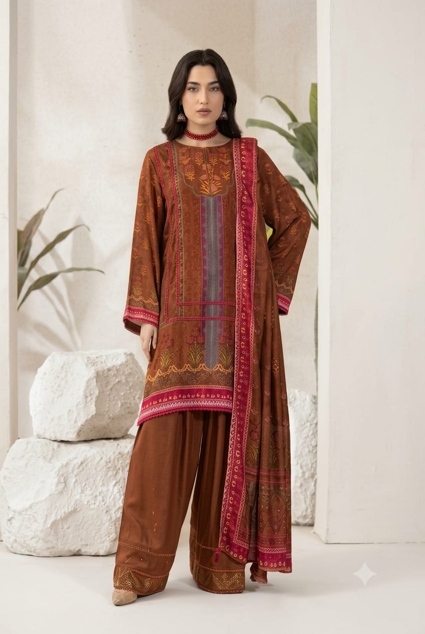 Parisa By Wania Peach Print Shirt ,Double Side Peach Print Shawl With Trouser, Unstitched 3pc
