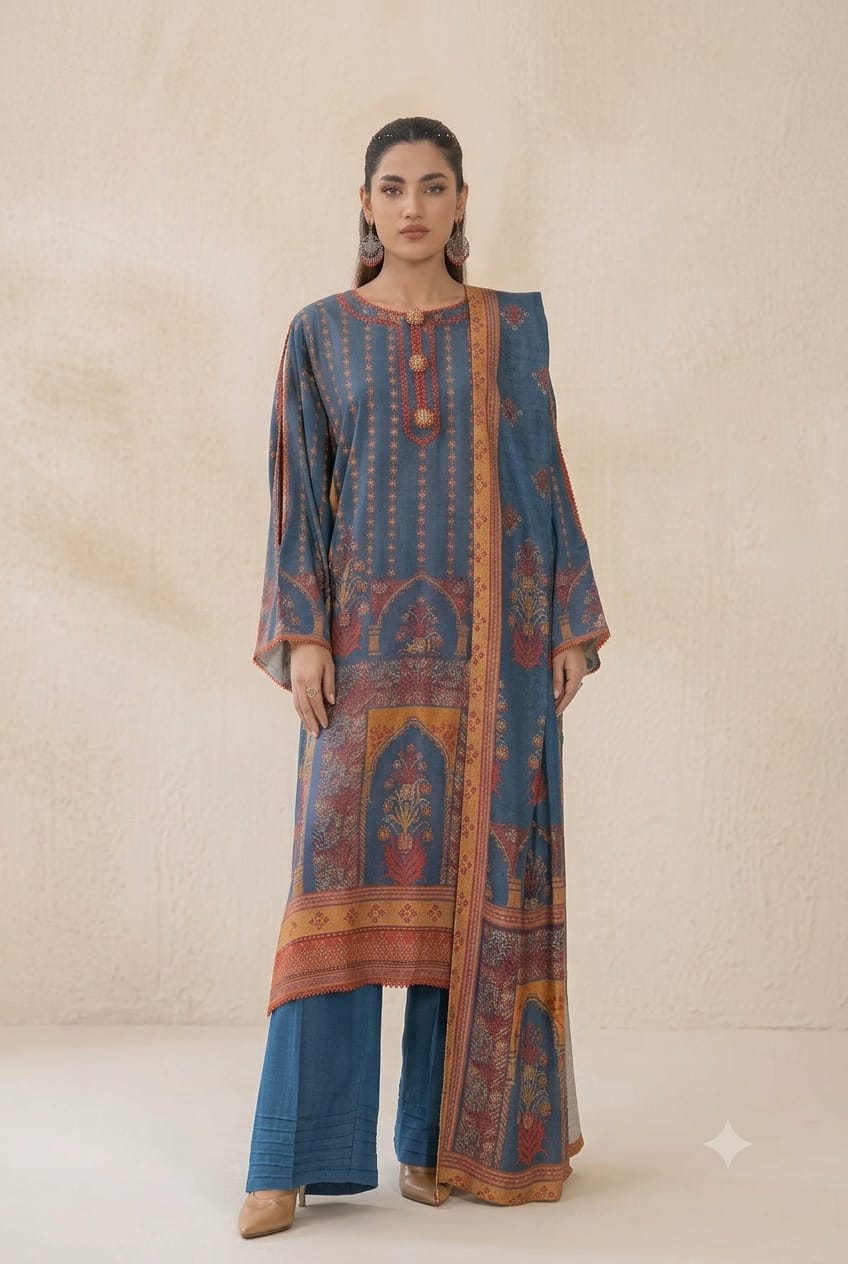 Parisa By Wania Peach Print Shirt ,Double Side Peach Print Shawl With Trouser, Unstitched 3pc