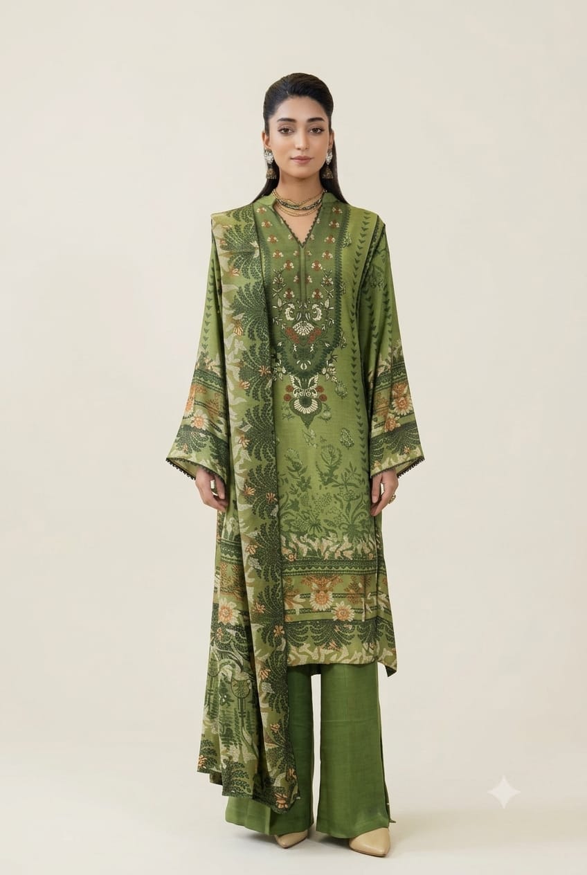 Parisa By Wania Peach Print Shirt ,Double Side Peach Print Shawl With Trouser, Unstitched 3pc