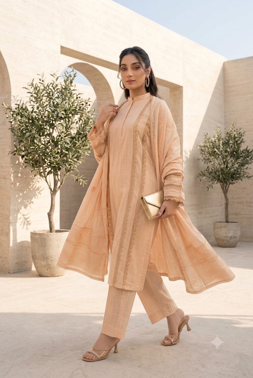 Arzoo By Wania Peach Self Jacquard  Shirt ,Wool Palachi Shawl With Trouser, Unstitched 3Pc