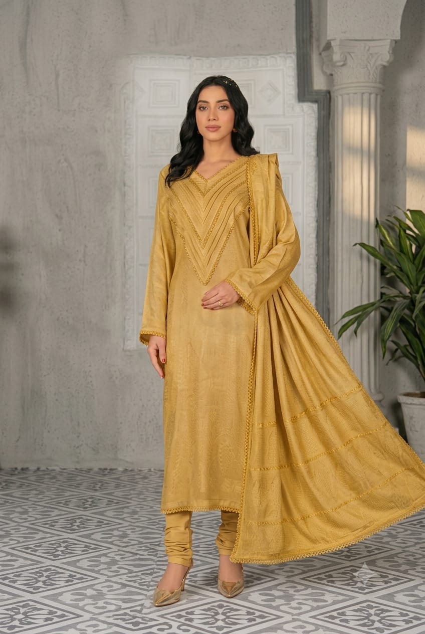 Arzoo By Wania Peach Self Jacquard  Shirt ,Wool Palachi Shawl With Trouser, Unstitched 3Pc