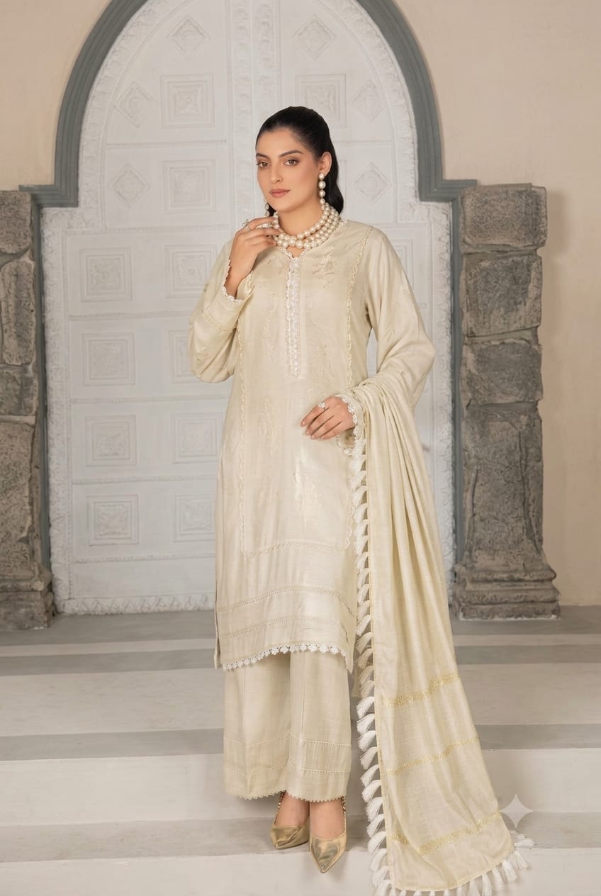 Arzoo By Wania Peach Self Jacquard  Shirt ,Wool Palachi Shawl With Trouser, Unstitched 3Pc
