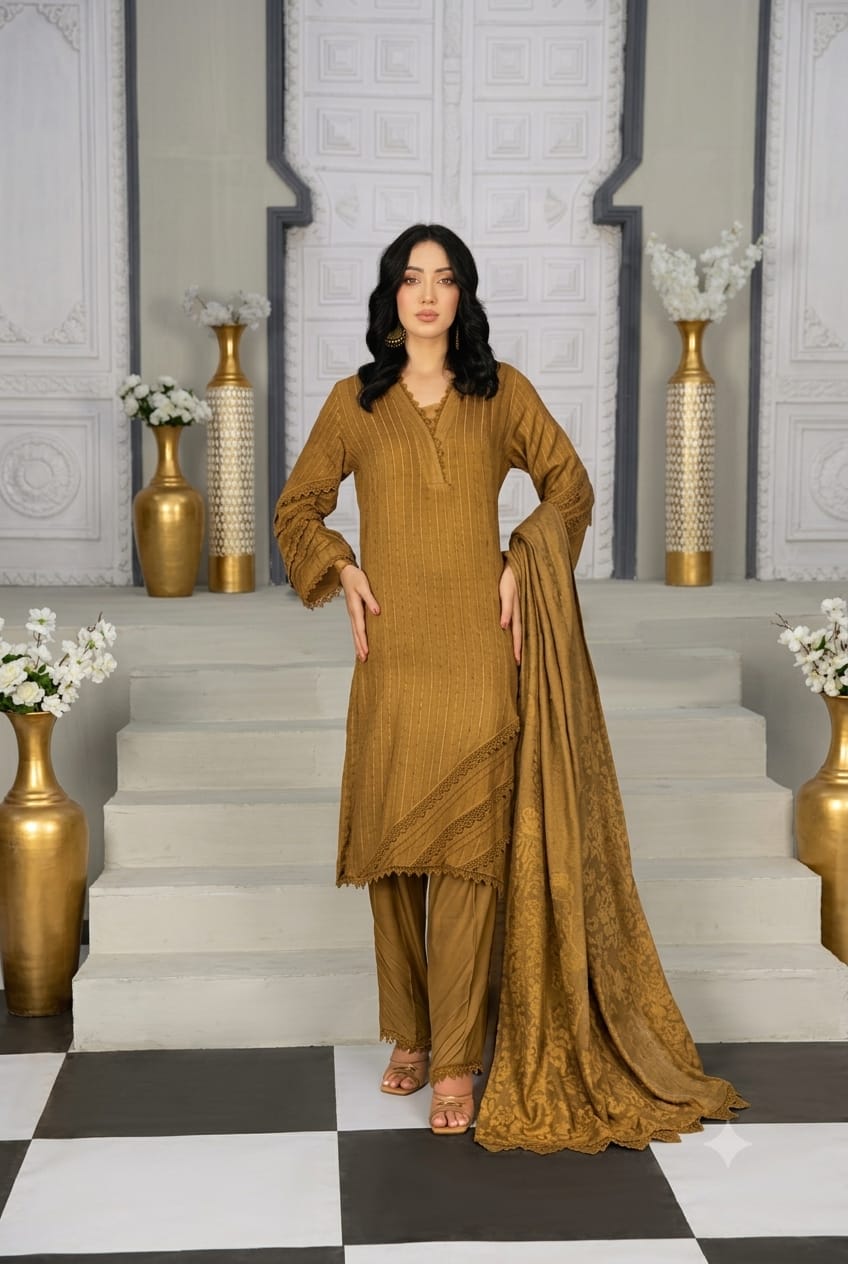 Arzoo By Wania Peach Self Jacquard  Shirt ,Wool Palachi Shawl With Trouser, Unstitched 3Pc