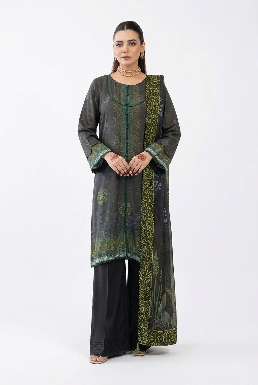 Parisa By Wania Peach Print Shirt ,Double Side Peach Print Shawl With Trouser, Unstitched 3pc