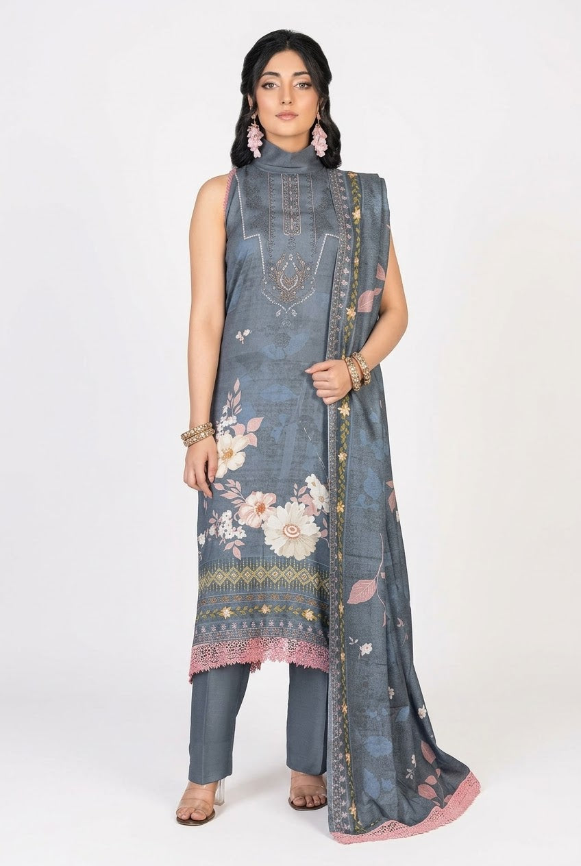 Parisa By Wania Peach Print Shirt ,Double Side Peach Print Shawl With Trouser, Unstitched 3pc