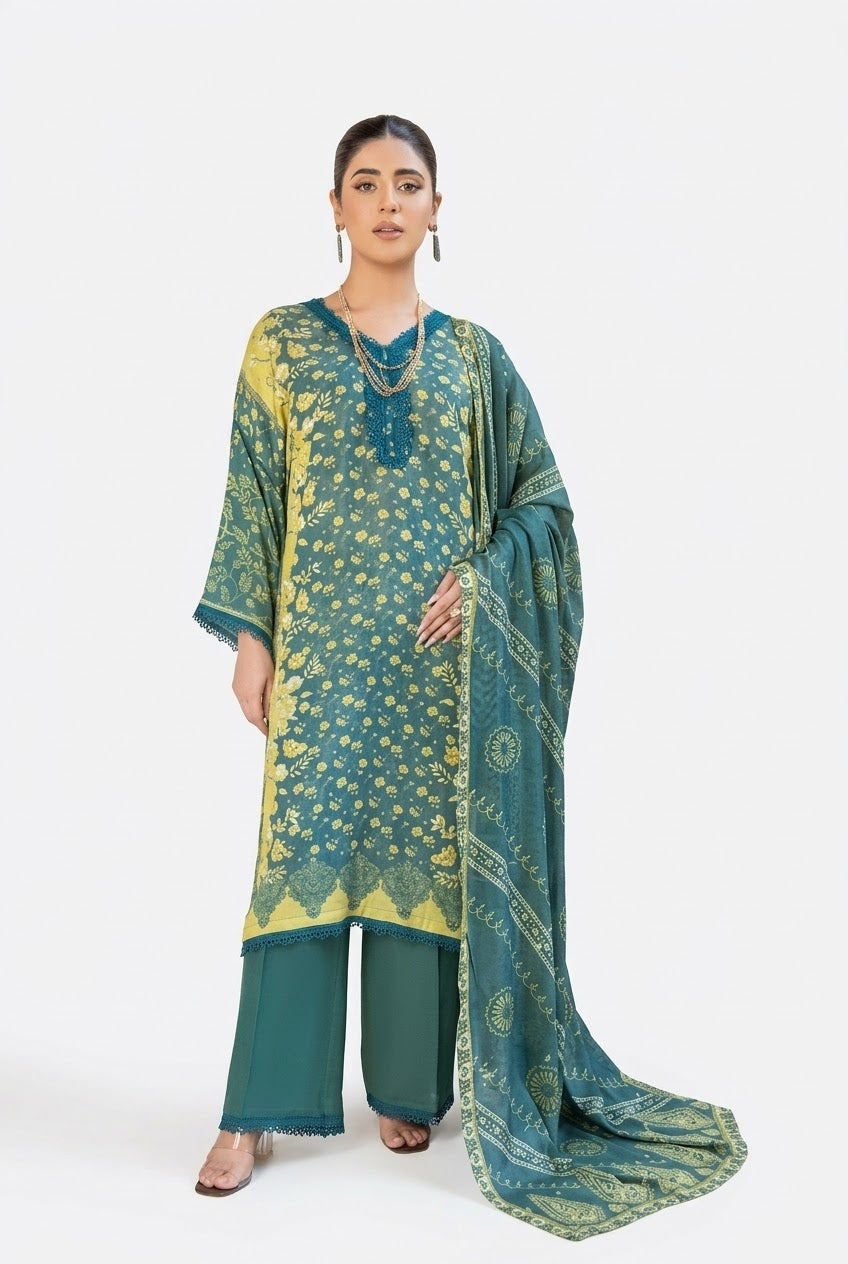 Parisa By Wania Peach Print Shirt ,Double Side Peach Print Shawl With Trouser, Unstitched 3pc